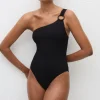 Asymmetric Ring Maillot Black Crinkle