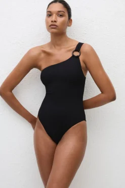 Asymmetric Ring Maillot Black Crinkle