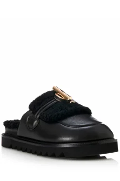 Cedar Slide Black Leather/ Shearling