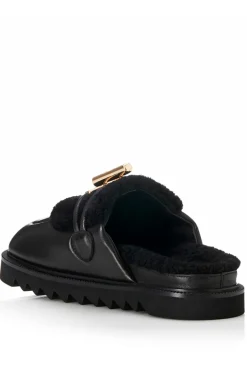 Cedar Slide Black Leather/ Shearling