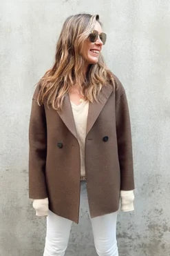 Dropped Shoulder Double Breasted Jacket Teddy Brown