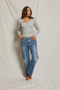 Robyn U Neck Rib Long Sleeve Heather Grey