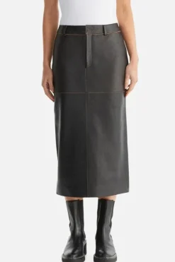 Wednesday Edged Leather Midi Skirt Black