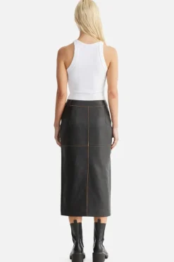 Wednesday Edged Leather Midi Skirt Black
