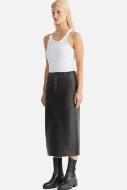 Wednesday Edged Leather Midi Skirt Black